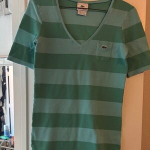 Lacoste Teal Striped V-Neck Tee